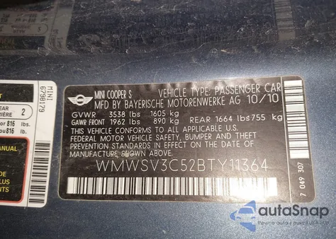 2011 Mini Cooper S z USA, uszkodzony, nr VIN WMWSV3C52BTY11364